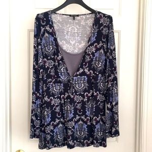 Daisy Fuentes Women's Top PL Petite Floral Gray Blue Long Sleeves Soft